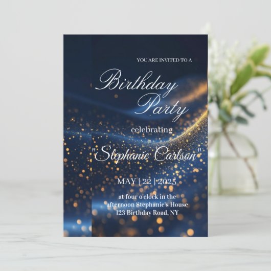 Elegant Navy Blue & Gold Birthday Party Invitation Einladung (Stehend Vorderseite)