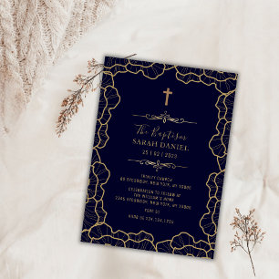 Elegant Navy Blue Gold Blume Cross Taufen Einladung