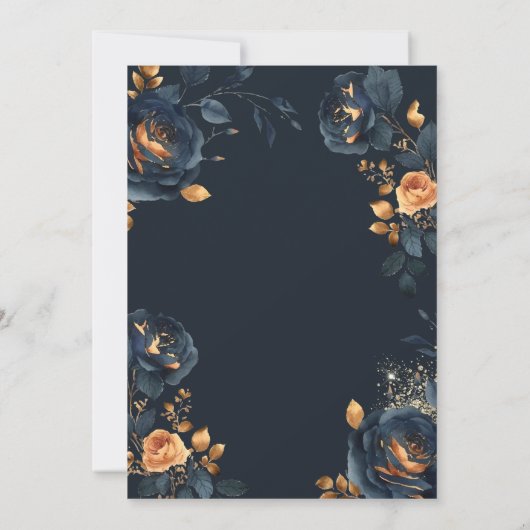 Elegant Navy Blue Gold Blume Taufe Einladung (Rückseite)