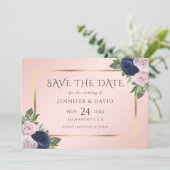 Elegant Navy Blue Gold Blush Pink Floral Save The Date (Stehend Vorderseite)
