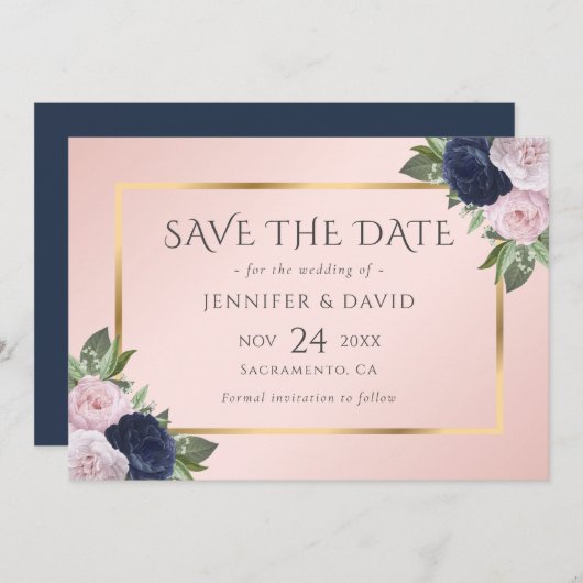 Elegant Navy Blue Gold Blush Pink Floral Save The Date (Vorne/Hinten)
