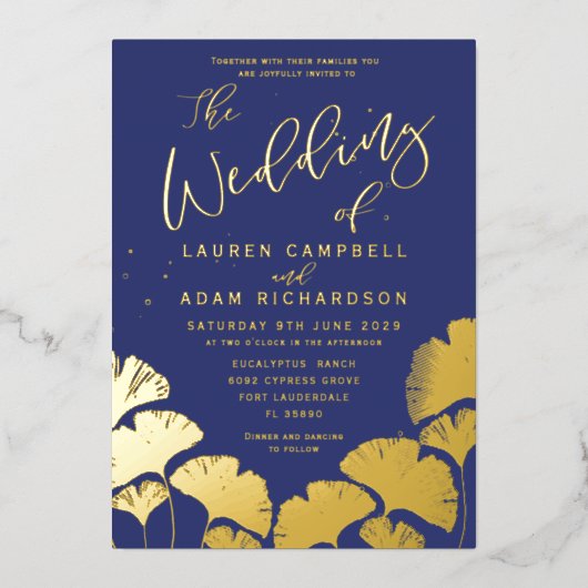 Elegant Navy Blue Gold Calligraphy Wedding Folieneinladung (Vorderseite)