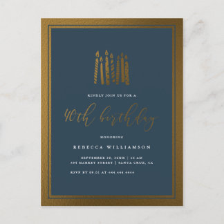 Elegant Navy Blue & Gold Candles 40. Geburtstag Einladungspostkarte