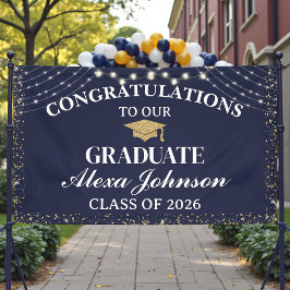 Elegant Navy Blue Gold Class Of 2026 Graduation Banner