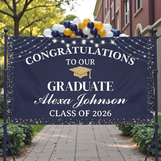 Elegant Navy Blue Gold Class Of 2026 Graduation Banner