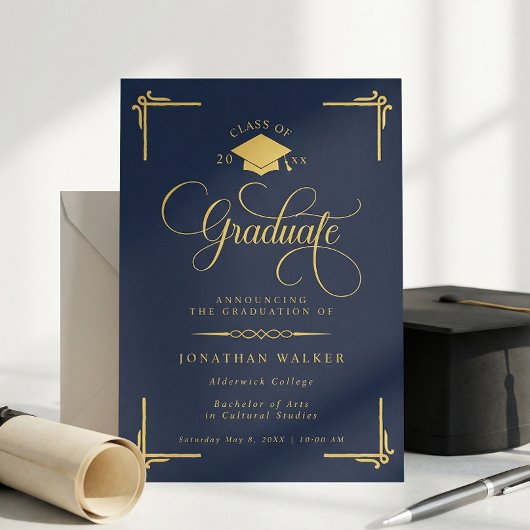 Elegant Navy Blue Gold College Graduation Ankündigung