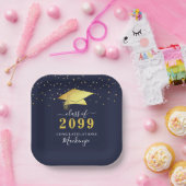 Elegant Navy Blue Gold Confetti Script Abschluss Pappteller (Party)