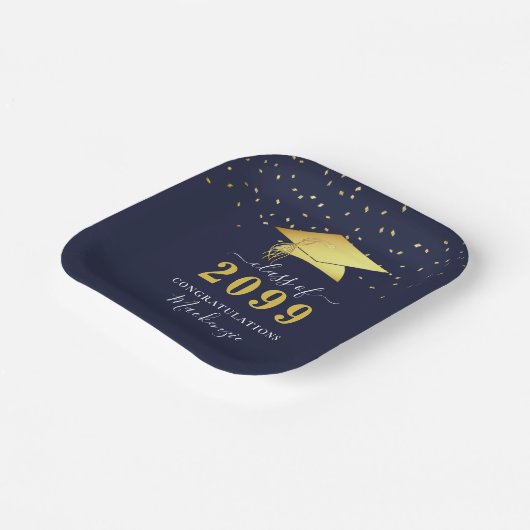 Elegant Navy Blue Gold Confetti Script Abschluss Pappteller (Gewinkelt)