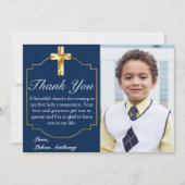 Elegant Navy Blue Gold Cross 1. Kommunion Dankeskarte (Vorderseite)