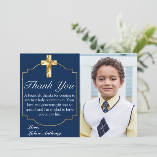 Elegant Navy Blue Gold Cross 1. Kommunion Dankeskarte (Stehend Vorderseite)