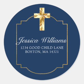 Elegant Navy Blue Gold Cross 1. Kommunion Runder Aufkleber