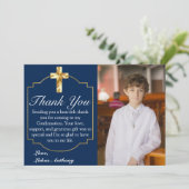 Elegant Navy Blue Gold Cross Bestätigung Dankeskarte (Stehend Vorderseite)