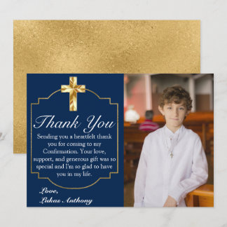 Elegant Navy Blue Gold Cross Bestätigung Dankeskarte