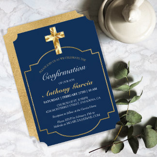 Elegant Navy Blue Gold Cross Boys Bestätigung Einladung