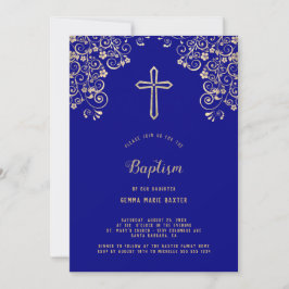 Elegant Navy Blue Gold Cross Taufen Einladung