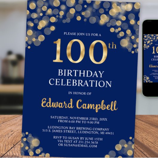 Elegant Navy Blue & Gold Einladung zum 100. Geburt