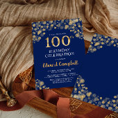 Elegant Navy Blue & Gold Einladung zum 100. Geburt