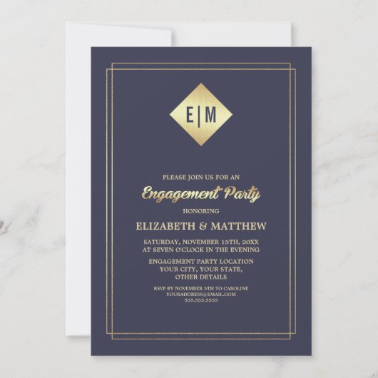 Elegant Navy Blue | Gold Engagement Party Einladung (Vorderseite)