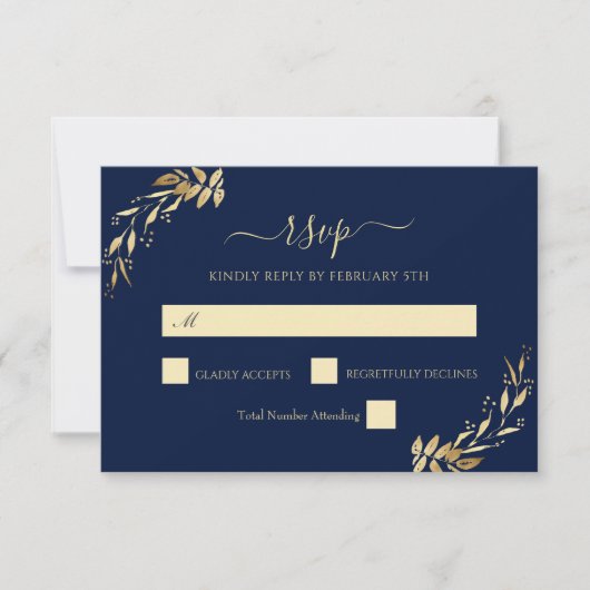 Elegant Navy Blue Gold Eucalyptus Foliage Wedding RSVP Karte (Vorderseite)