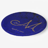 Elegant Navy Blue Gold Floral Monogram Pappteller (Schrägansicht)