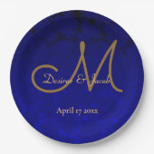 Elegant Navy Blue Gold Floral Monogram Pappteller (Vorderseite)