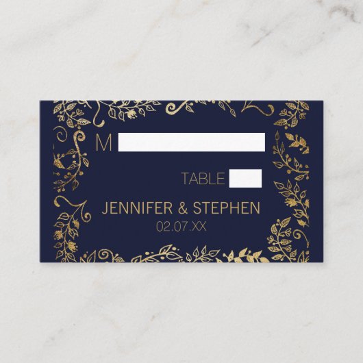 Elegant Navy Blue Gold Floral Platzkarte (Vorderseite)