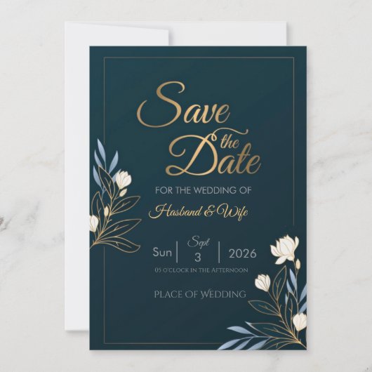 Elegant Navy Blue Gold Floral Save the Date Card (Vorderseite)