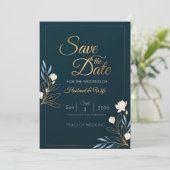Elegant Navy Blue Gold Floral Save the Date Card (Stehend Vorderseite)