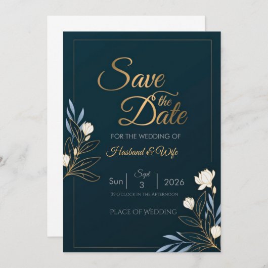Elegant Navy Blue Gold Floral Save the Date Card (Vorne/Hinten)