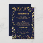 Elegant Navy Blue Gold Floral Wedding Info Begleitkarte (Vorne/Hinten)