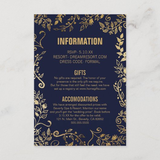 Elegant Navy Blue Gold Floral Wedding Info Begleitkarte (Vorderseite)