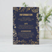Elegant Navy Blue Gold Floral Wedding Info Begleitkarte (Stehend Vorderseite)
