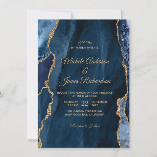 Elegant Navy Blue Gold Foil Agate Wedding Einladung (Vorderseite)