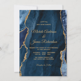 Elegant Navy Blue Gold Foil Agate Wedding Einladung