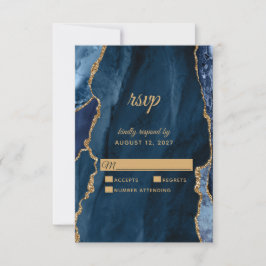 Elegant Navy Blue Gold Foil Agate Wedding RSVP Karte