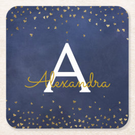 Elegant Navy Blue - Gold Foil Confetti Monogram Rechteckiger Pappuntersetzer