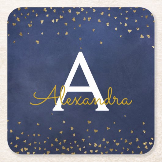 Elegant Navy Blue - Gold Foil Confetti Monogram Rechteckiger Pappuntersetzer (Vorderseite)
