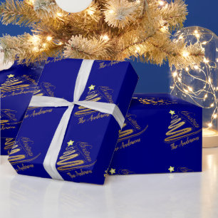 Elegant Navy Blue Gold Foil Weihnachtsbaum Geschenkpapier