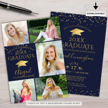 Elegant Navy Blue Gold Foto Collage Graduate