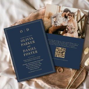 Elegant Navy Blue Gold Foto QR Code Hochzeit Einladung