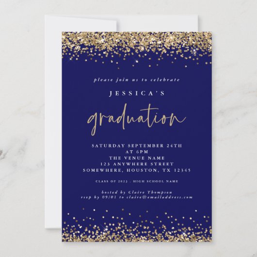 Elegant Navy Blue Gold Glitzer 2024 Abschluss Einladung (Vorderseite)
