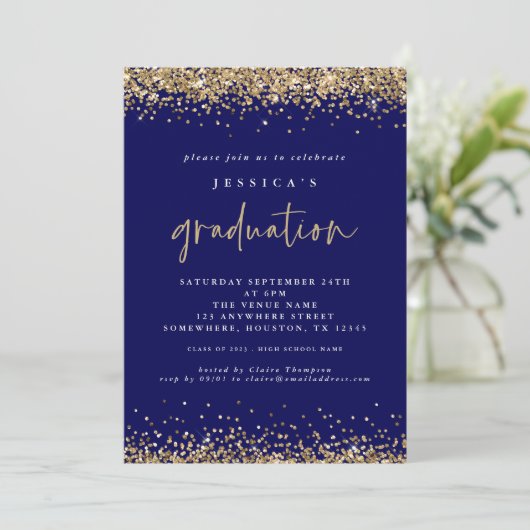 Elegant Navy Blue Gold Glitzer 2024 Abschluss Einladung (Stehend Vorderseite)