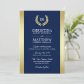 Elegant Navy Blue Gold Laurel Monogram Wedding Einladung (Stehend Vorderseite)