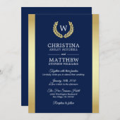 Elegant Navy Blue Gold Laurel Monogram Wedding Einladung (Vorne/Hinten)