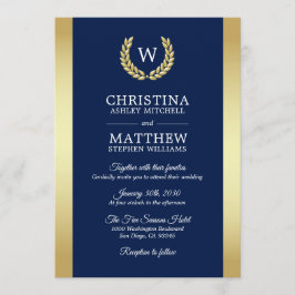 Elegant Navy Blue Gold Laurel Monogram Wedding Einladung