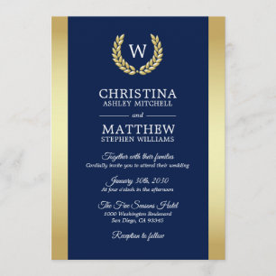 Elegant Navy Blue Gold Laurel Monogram Wedding Einladung