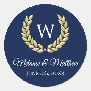 Elegant Navy Blue & Gold Laurel Monogram Wedding Runder Aufkleber