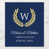 Elegant Navy Blue Gold Laurel Monogram Wedding Weinetikett (Einzelnes Label)