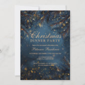Elegant Navy Blue Gold Lights Pine Party Christmas Einladung (Vorderseite)