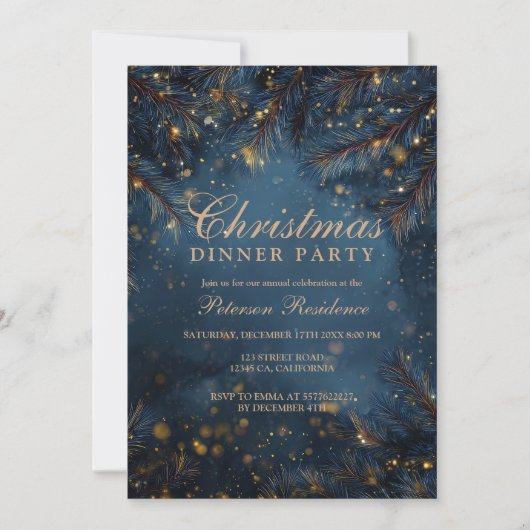 Elegant Navy Blue Gold Lights Pine Party Christmas Einladung (Vorderseite)